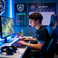 年轻电竞选手在训练基地认真练习的侧影