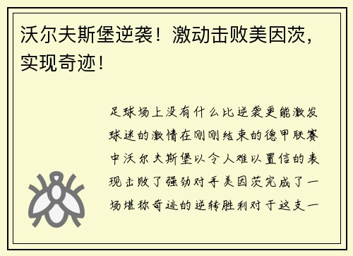 沃尔夫斯堡逆袭！激动击败美因茨，实现奇迹！